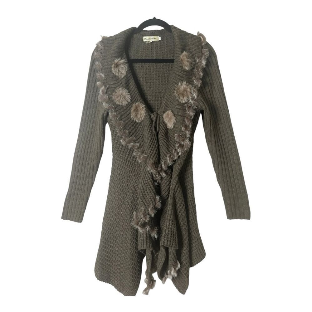 Moon River Ribbed Knit Ruffle‎ Olive Green Faux Fur Tie Front Cardigan Medium